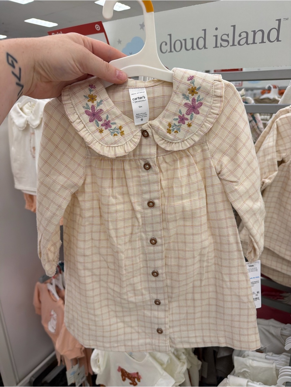 Carter's Cream Plaid Dress with Embroidered Floral Collar